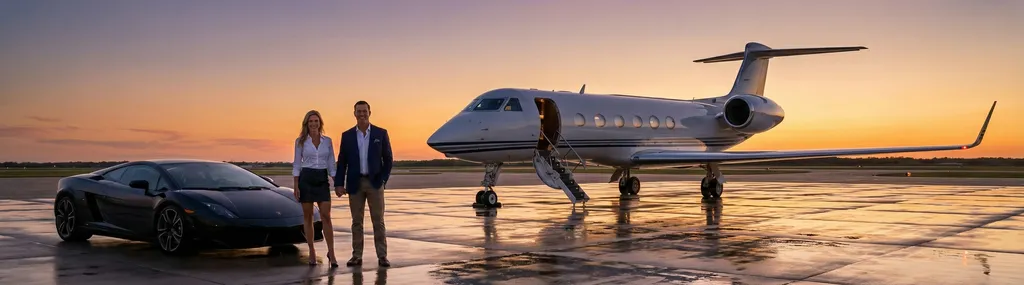 Private jet and supercar at golden sunset