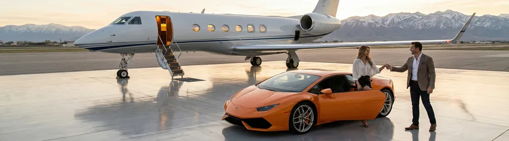 Couple with private jet at twilight airstrip