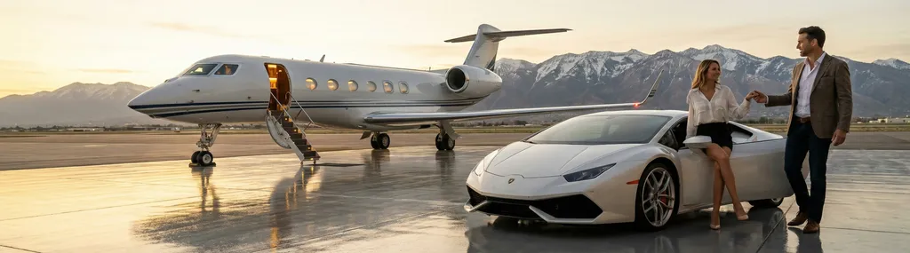 Private jet with sports car at mountain sunset