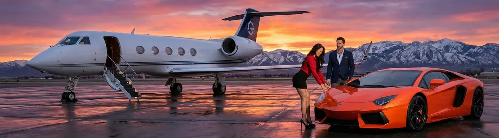 Couple boarding private jet with luxury vehicle