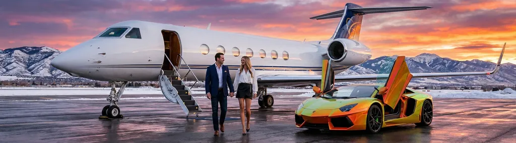 Private jet and convertible at coastal sunset