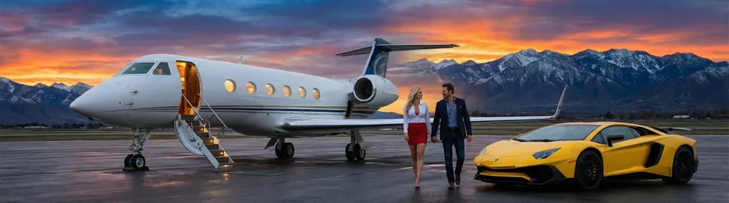 Couple with private jet and sports car at dusk