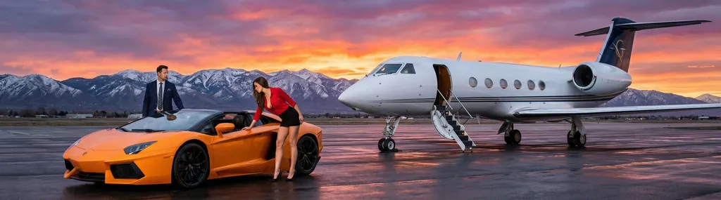 Private jet and yellow supercar at sunset