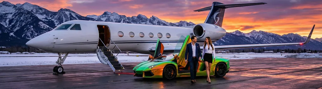 Couple with private jet on scenic airstrip