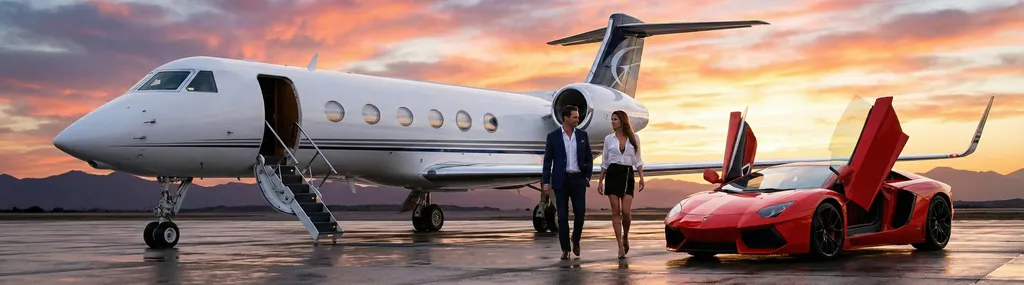 Private jet with blue sports car at sunset
