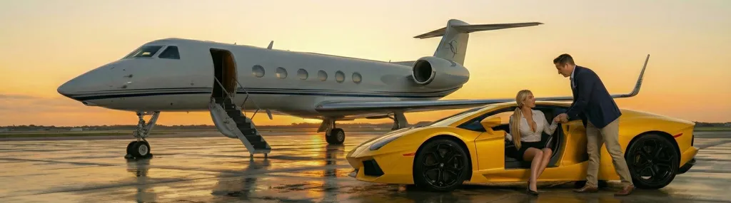Couple with private jet in scenic landscape