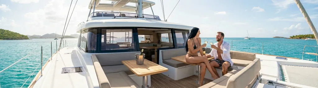 Catamaran with guests in turquoise bay