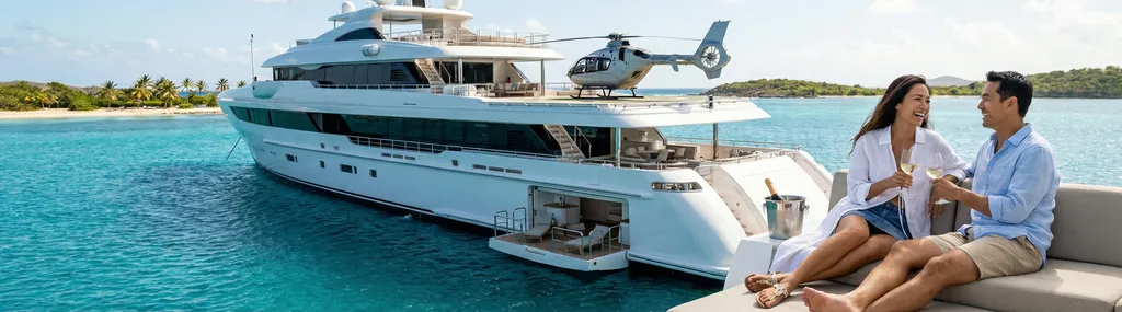 Friends gathered on yacht deck in turquoise waters